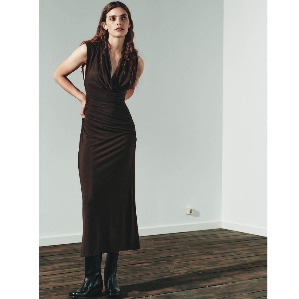 Zara Brown Draped Cowl Neck Ruched Midi Dress 2180/240/717 NWT Womens Size Small